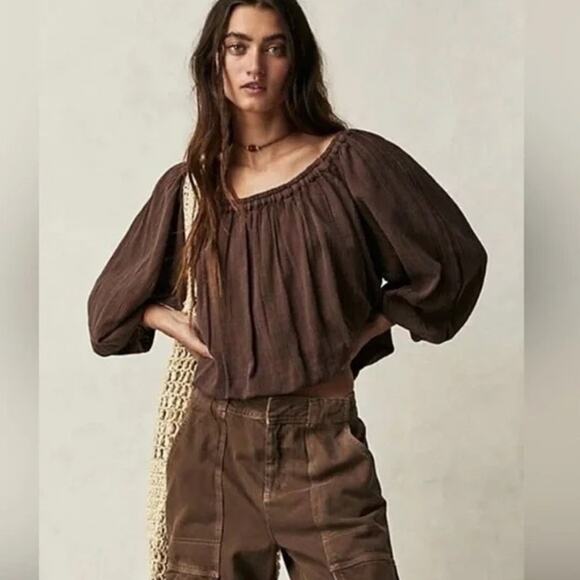 We The Free XS Brown All About The Bubble Tee Cropped Blouse Boho-Chic Summer - Picture 1 of 11